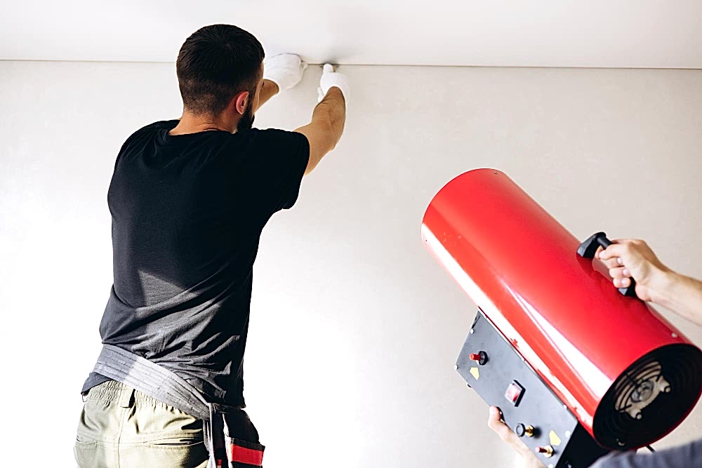 Монтажник в черной футболке и рабочих брюках натягивает натяжной потолок, заправляя материал в профиль. Второй мастер держит тепловую пушку, нагревая полотно для упругости